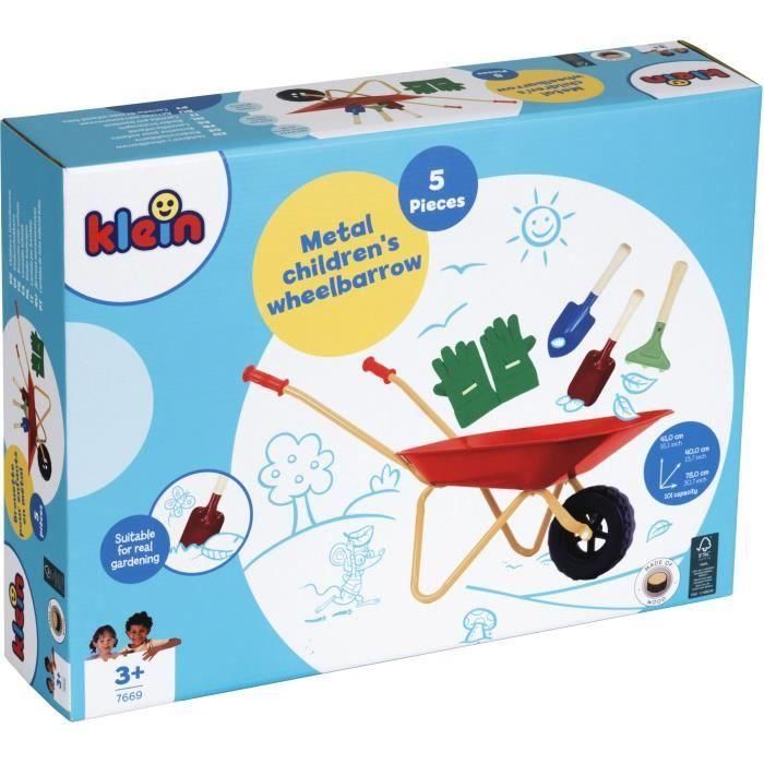Klein 7669 Carretilla Metálica de Juguete Infantil para Niños +3 Años con 3 herramientas y guantes
