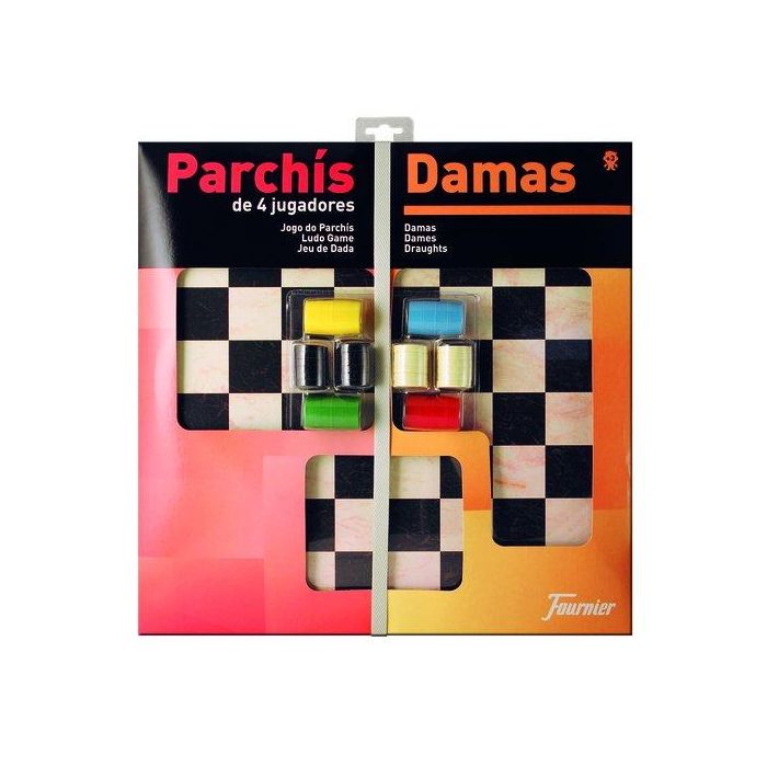 Fournier Parchís y Damas - Juego de mesa con tablero grande 40x40 cm para 4 jugadores, incluye cubiletes, dados y fichas
