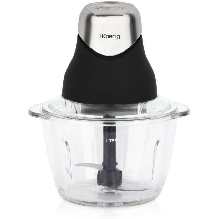 H.Koenig LEO8 Mini Picadora Eléctrica Compacta 320W con Bol de Cristal 1L y Cuchillas de Acero Inoxidable, Negro mate y cromo