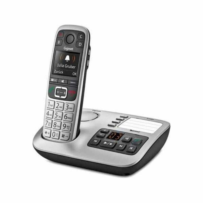 Gigaset E560A Teléfono fijo Plata con Contestador Automático, Gran Pantalla, Botones y Sonido Manos Libres Fuertes, Compatible Audífonos