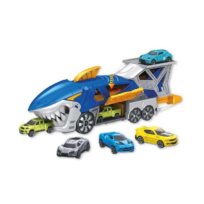 Camión tiburón portacoches, incluye 3 coches, 33x11x7cm 4