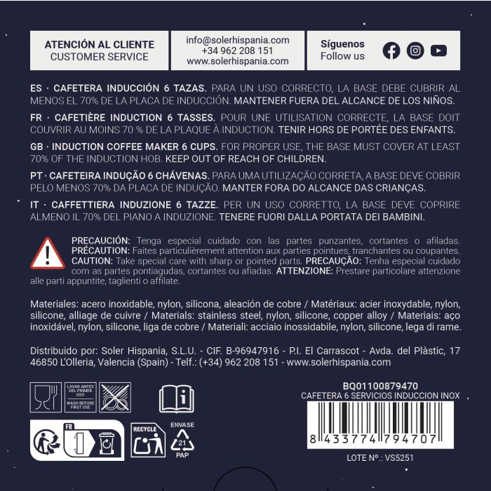Inde Cafetera 6 Servicios Inducción Acero Inoxidable Quttin - 11.8 x 13.9 x 18.5 cm (6 Unidades)