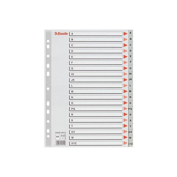 Esselte Abecedario Separador Multitaladro A-Z, Polipropileno A4, gris con carátula índice, cartón color