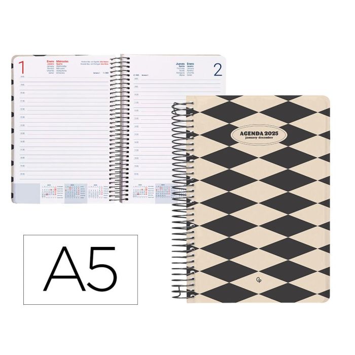 Agenda Espiral Liderpapel Classic A5 2025 Dia Pagina Color Blanco Y Negro Papel 70 gr