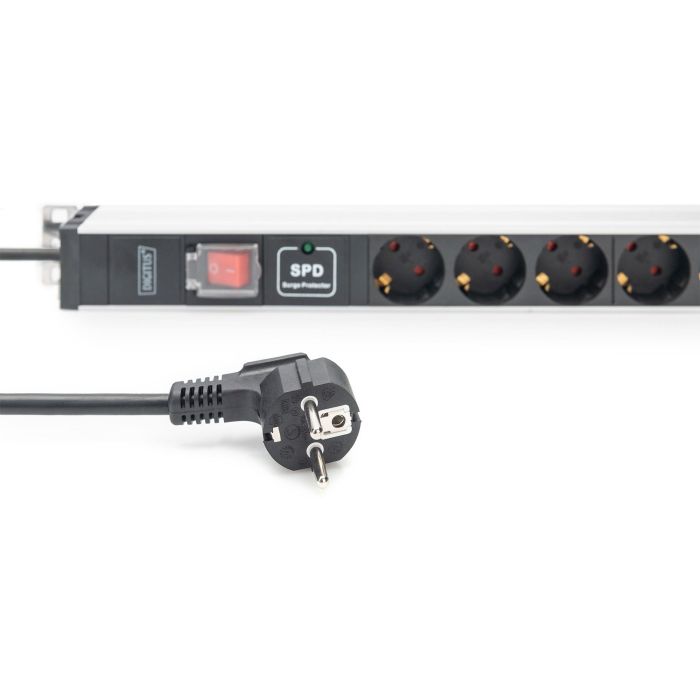 Digitus Regleta de enchufes PDU 1U con 12 salidas Schuko Tipo F 16A, protección sobretensión y conmutador, color negro