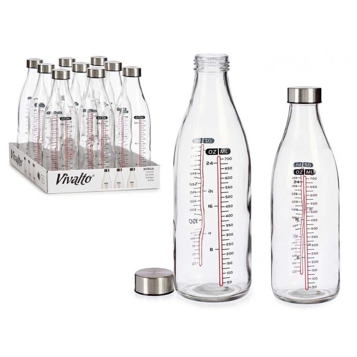 Vivalto Botella Medidora con Tapón de Acero, Cristal Transparente, 1 L (medidor hasta 700 ml), 8x26.5x8 cm (Set de 18)