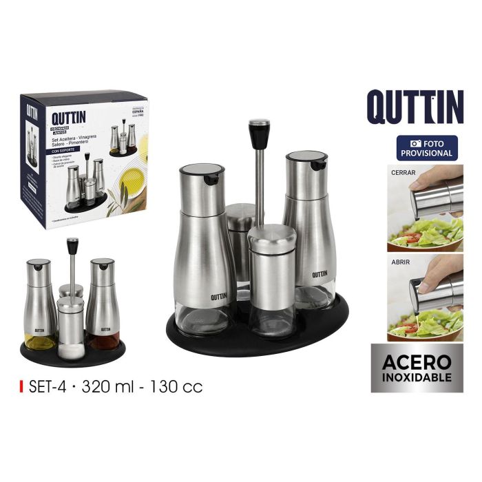 Quttin Set de 4 Dispensadores de Acero Inoxidable con Soporte - Ideal para Cocina y Mesa (8 Unidades) 0 Quttin Set de 4 Dispensadores de Acero Inoxidable con Soporte - Ideal para Cocina y Mesa (8 Unidades) 0