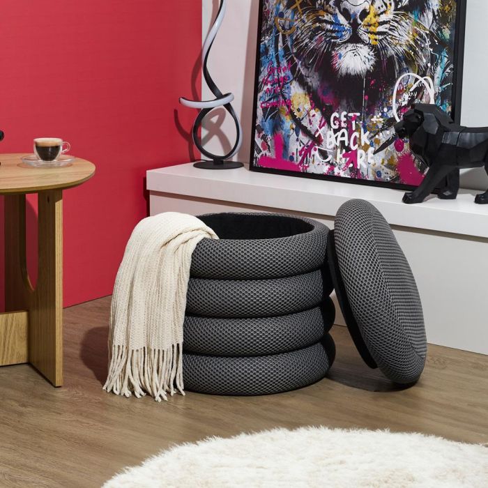 Home Deco Factory Puf Almacenaje Atom Gris - Contemporain, MDF y Poliéster, Soporta 110 kg, d.37 cm h.42 cm 1