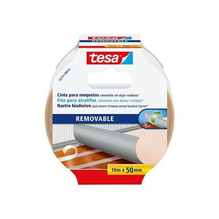 Cinta Adhesiva Doble Cara Tesa Moquetas Rollo 10M X 50Mm Removible 6 unidades