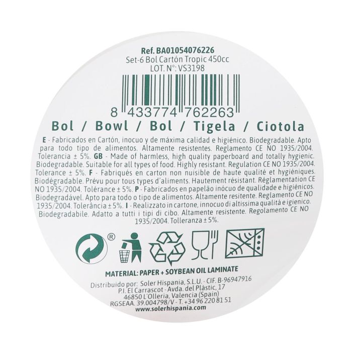 Set de 6 bols de cartón Tropic 450 cc - Algon (24 Cajas) 1 Set de 6 bols de cartón Tropic 450 cc - Algon (24 Cajas) 1