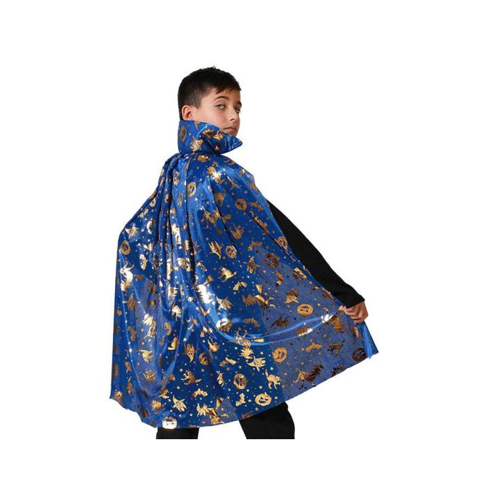 Capa Corta Azul con Detalles Dorados y Cuello Alto 75 cm para Disfraces de Halloween, Brujo o Hechicero