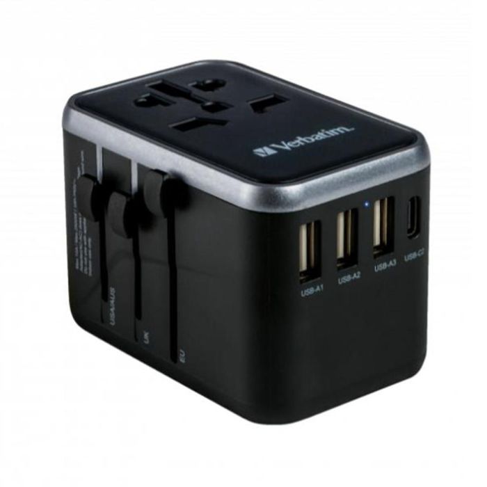 Verbatim Adaptador Universal de Viaje UTA-04 con 1 Puerto USB-C PD 61W, 1 Puerto USB-C, 3 Puertos USB-A