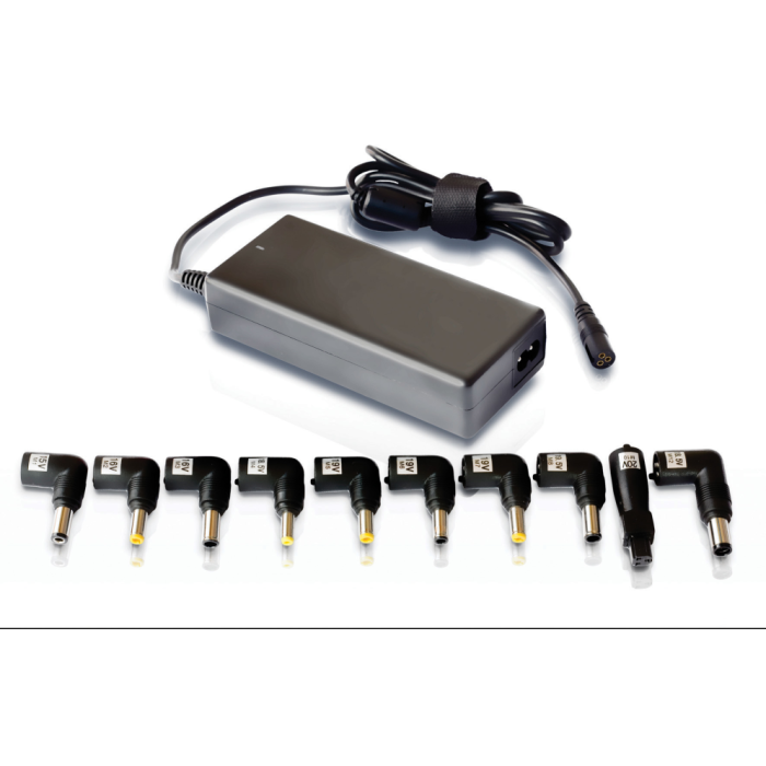 Leotec LENCSHOME06 Cargador Universal para Portátiles | Adaptador de Corriente 220V con Voltaje Automático (15-20V) y 10 Puntas - Negro