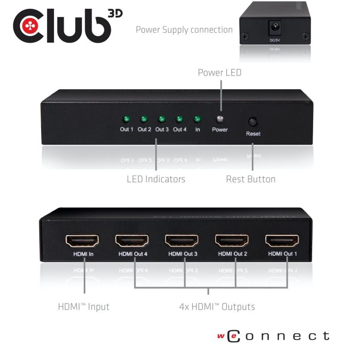 Club3D CSV-1380 HDMI Splitter 1x4 4K 60Hz UHD HDMI 2.0a para Televisor/Monitor, Negro, Metálico 2 Club3D CSV-1380 HDMI Splitter 1x4 4K 60Hz UHD HDMI 2.0a para Televisor/Monitor, Negro, Metálico 2