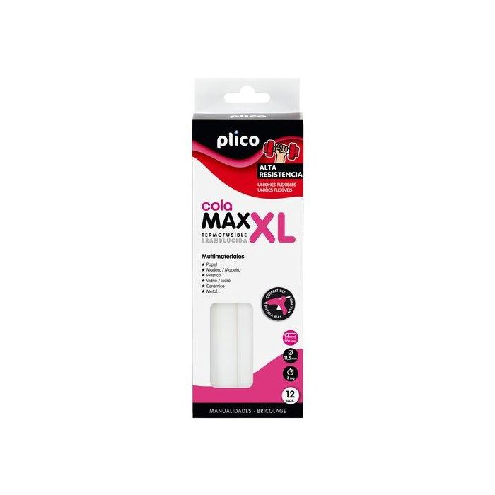 Plico Barra termofusible cola extrafuerte MAX XL 11,5mm x 200mm, translúcido, alta resistencia, 12 unidades para madera, cartón, tela