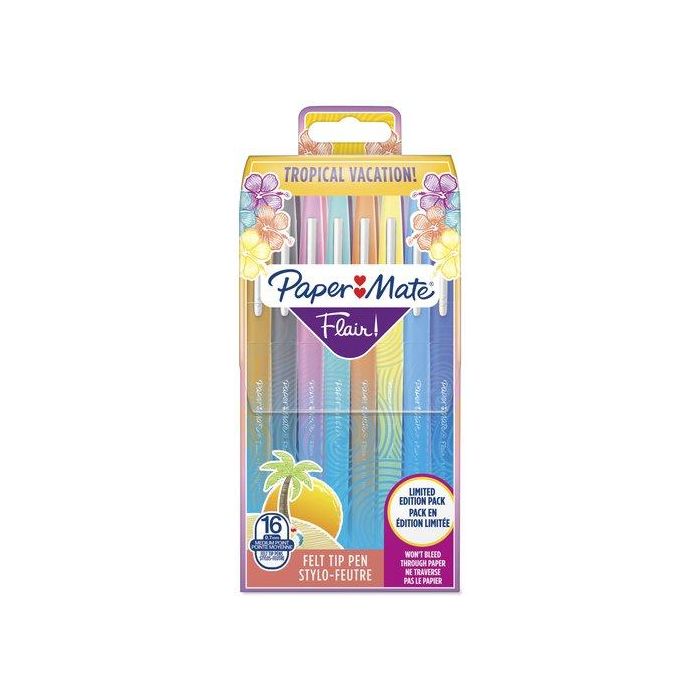 Paper Mate Flair Original Rotuladores de Fibra Punta Media 1.1mm Colores Tropicales Surtidos Estuche 16 Unidades Secado Rápido