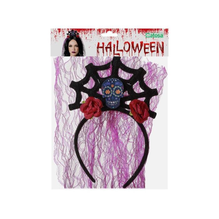 Diadema Halloween Telaraña Púrpura Mujer Adulto Corona con Velo Negro y Morado Accesorio Catrina 1