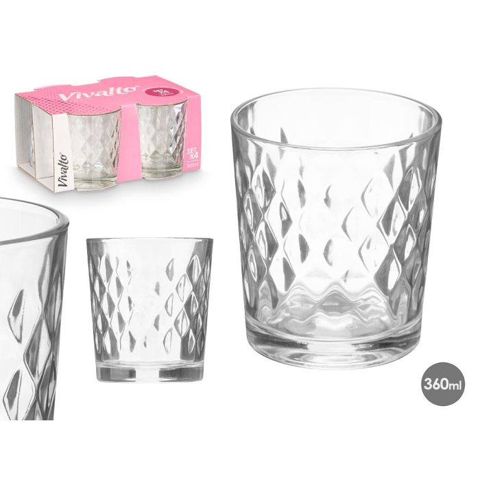 Set 4 Vasos Vidrio Diamante 360 ml Vivalto - 21x10.5x16.5 cm, Transparente, Apto Microondas (6 Unidades) Set 4 Vasos Vidrio Diamante 360 ml Vivalto - 21x10.5x16.5 cm, Transparente, Apto Microondas (6 Unidades)