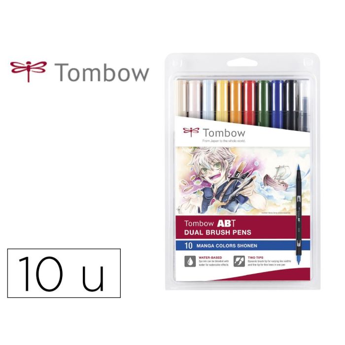 Rotulador Tombow Abt Dual Brush Acuarelable Doble Punta Fina-Pincel Estuche De 10 Colores Manga Shonen