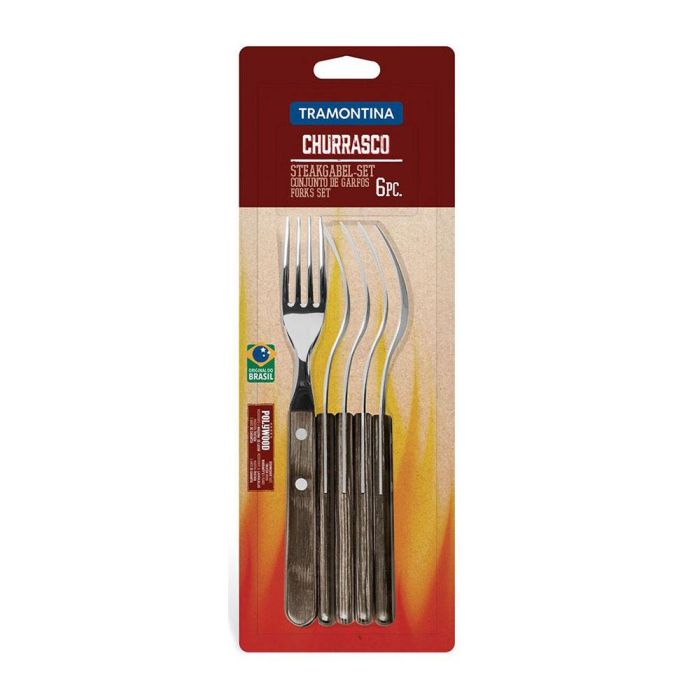 Tramontina Juego de 6 Tenedores Jumbo para Asado, Acero Inoxidable con Mango Polywood Castaño 20,5cm 1