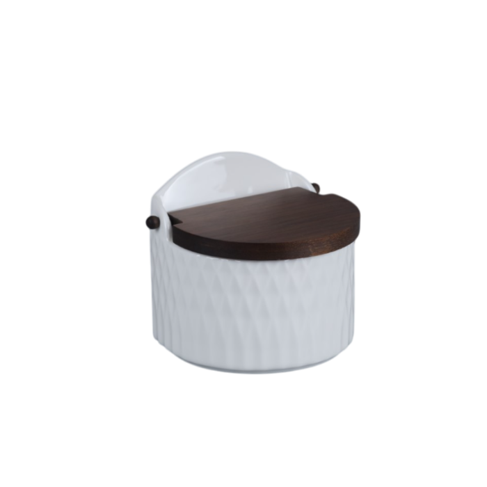 DKD Home Decor Pengjia 25 Salero Cerámica y Bambú Blanco Marrón Oscuro 10x11x12 cm