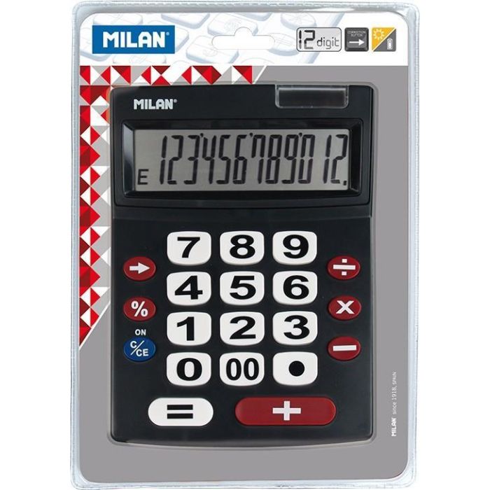 Milan Calculadora Negro Extra-Grande 12 Digitos Dual Blister