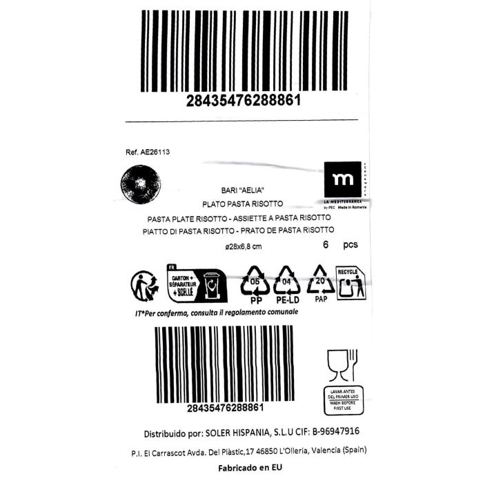 La Mediterranea Plato Pasta Risotto Colección Aelia Ø 28 cm (6 Unidades)