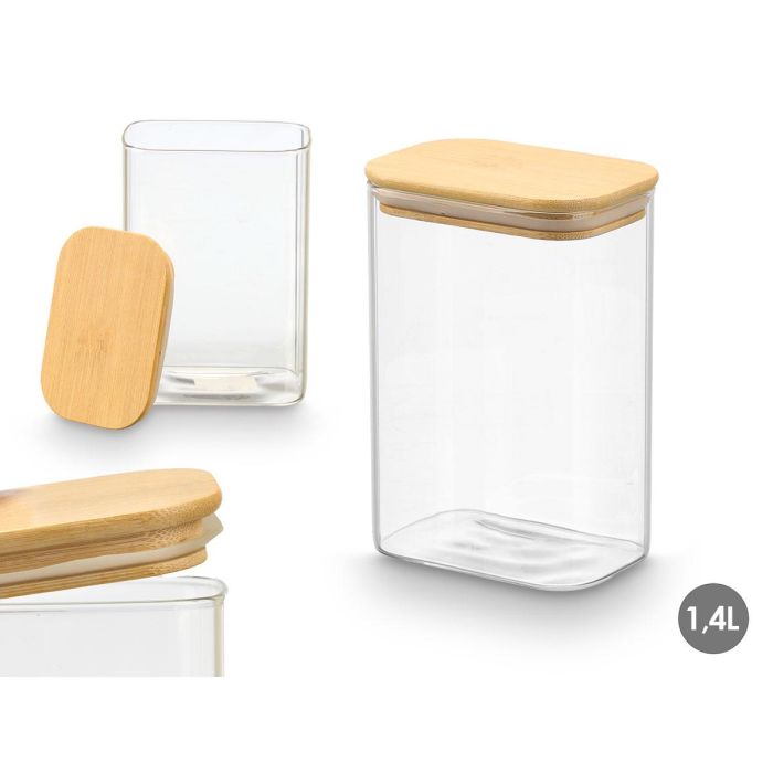 Vivalto Tarro Rectangular Borosilicato con Tapa Bambú 1.4 L Transparente 12x18x8 cm (12 Unidades) Vivalto Tarro Rectangular Borosilicato con Tapa Bambú 1.4 L Transparente 12x18x8 cm (12 Unidades)