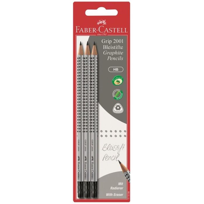 FABER-CASTELL Grip 2001 con G-tip HB Lápiz Grafito Negro con Borrador, Dureza HB, 3 Unidades