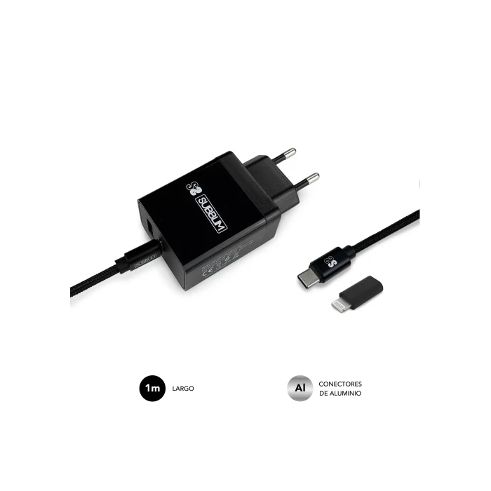 SUBBLIM CARGADOR ULTRA RAPIDO 2xUSB DE PARED PD25W+QC3.0+Cable C to C y lightning Negro 3