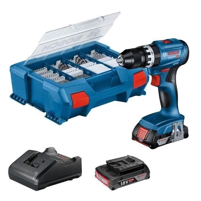 Bosch Professional BOS4059952635705 Taladro Percutor GSB 18V-45 18V con 2 baterías 2.0 Ah, cargador GAL 18V-20, maletín L-Case y 82 accesorios.
