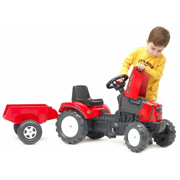 Tractor de pedal rojo sobrealimentador con capota abatible y remolque 2