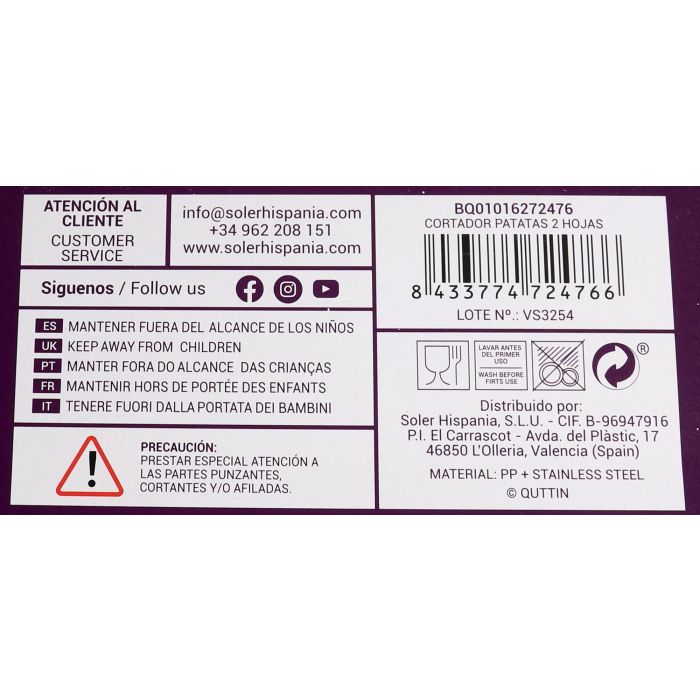 Quttin Cortador de Patatas con 2 Hojas, Ancho 9.7 cm, Alto 10.1 cm, Largo 23 cm 9