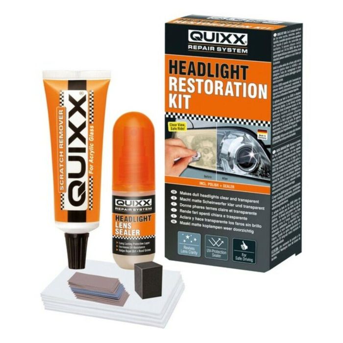 Quixx QQ00084 Kit Restauración Faros Coches y Automóviles - Pulido y Sellado para Eliminar Amarilleo, Opacidad, y Mejorar Claridad y Seguridad
