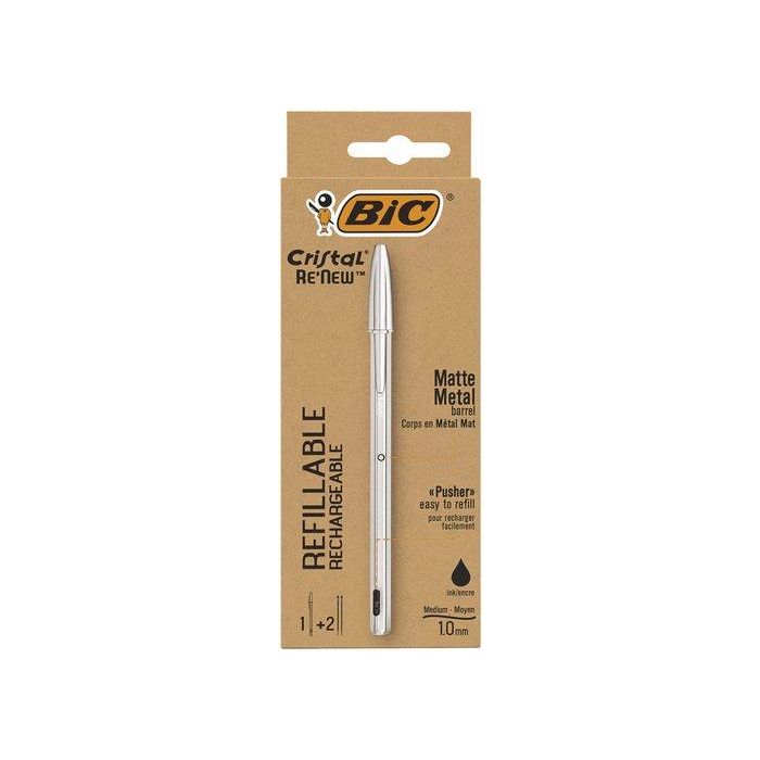 Bic Bolígrafo Cristal ReNew Cuerpo Aluminio Mate Negro 1.0mm Tinta Aceite + 2 Recambios