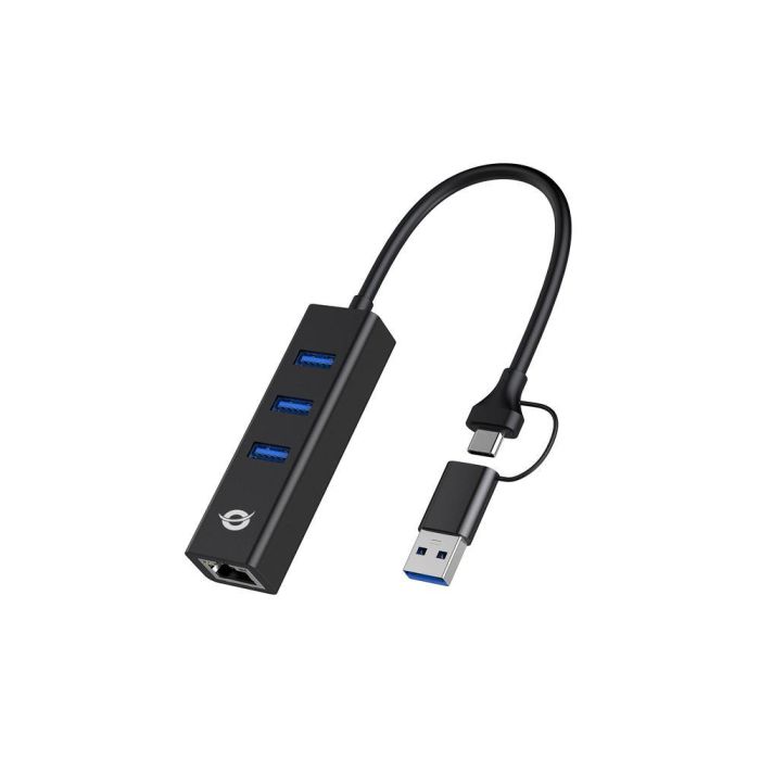 Conceptronic DONN07BA Adaptador USB 3.0 a Gigabit Ethernet RJ45 con Hub USB-A para MacBook/Windows/Chrome OS - Negro