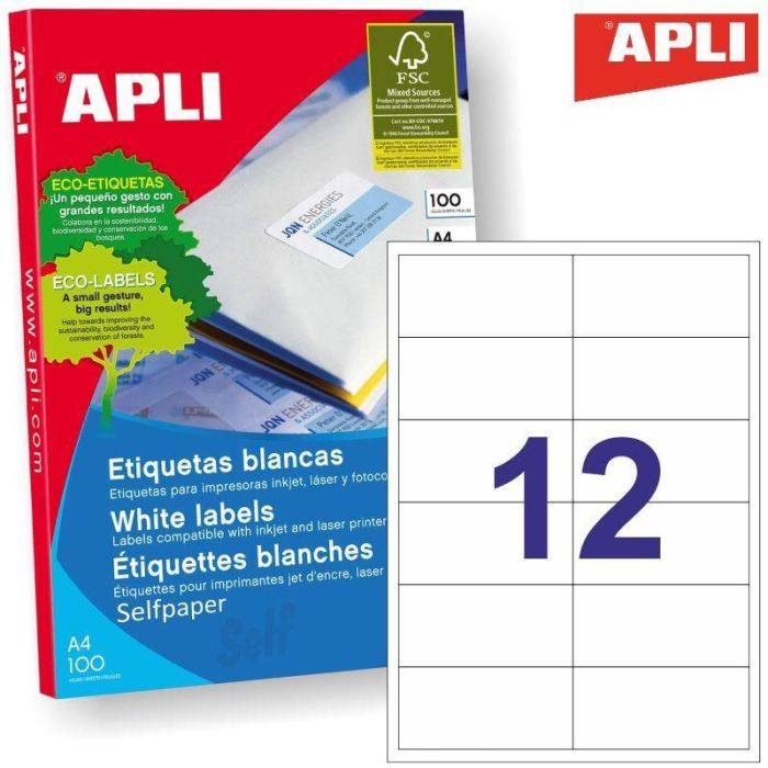 Apli Etiquetas Adhesivas 97x42,4 mm Inkjet-Láser C-Rectos 12 X 100H Blanco