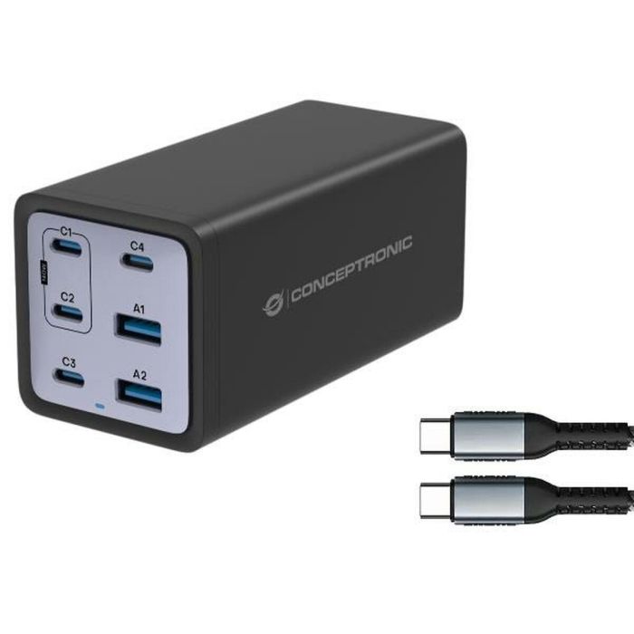 Conceptronic Cargador Ozul06Be 200W GaN, 6 Puertos USB-C PD 3.1 y USB-A QC 3.0, Carga Rápida Universal, Negro