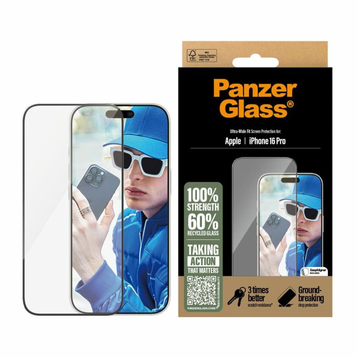 PanzerGlass Protector de Pantalla Ultra-Wide Fit para iPhone 16 Pro, Vidrio Templado, Anti-rayones, Anti-golpes, Aplicación Seca, Transparente 1