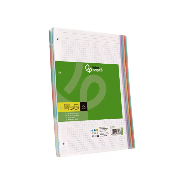 Liderpapel Recambio A4 120 Hojas 90gr Cuadro 5 mm 4 Taladros Bandas Colores Pasteles 3