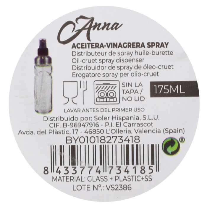 Aceitera Vinagrera Spray Anna 175 ml (12 Unidades) 10 Aceitera Vinagrera Spray Anna 175 ml (12 Unidades) 10