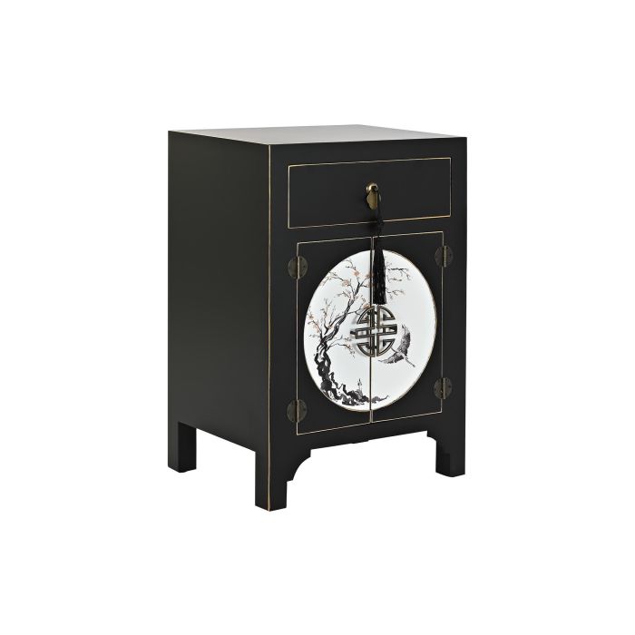 DKD Home Decor Mesita de Noche Oriental Masako Negra y Blanca con 1 Cajón y 2 Puertas 36 x 66 x 45 cm