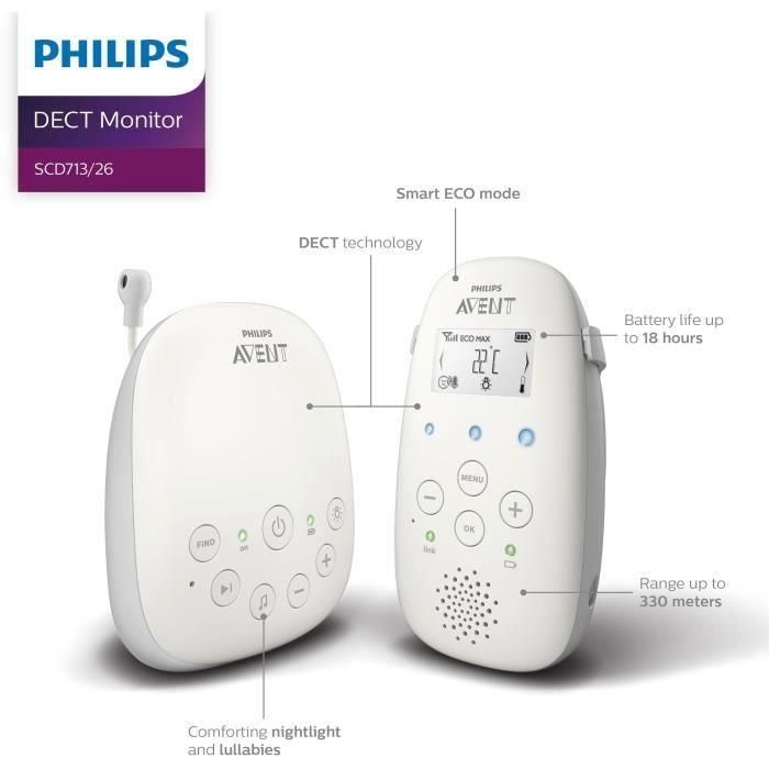 Monitor de bebé SCD713/26 - PHILIPS AVENT - Audio DECT - Blanco - Pantalla LCD - Sensor de temperatura - Luz nocturna 1 Monitor de bebé SCD713/26 - PHILIPS AVENT - Audio DECT - Blanco - Pantalla LCD - Sensor de temperatura - Luz nocturna 1