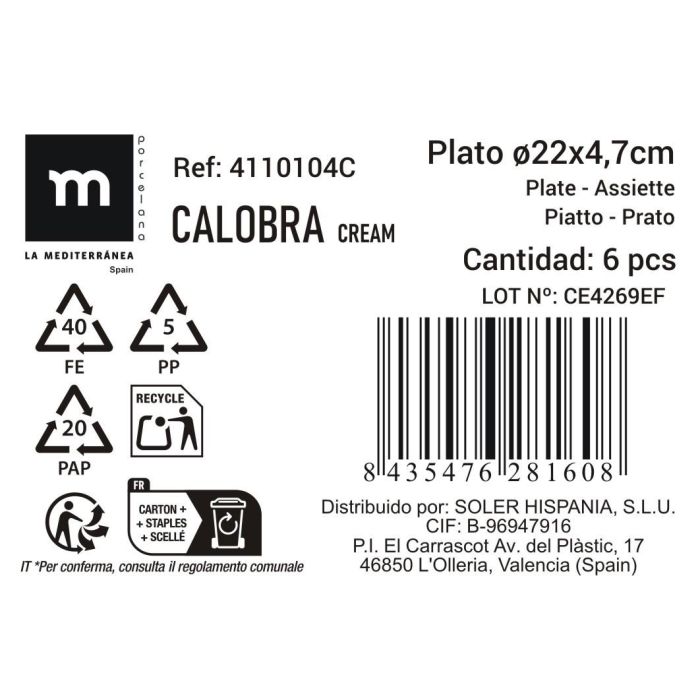 La Mediterranea Plato Hondo Calobra Crema 22 x 47 cm (18 Unidades) 4