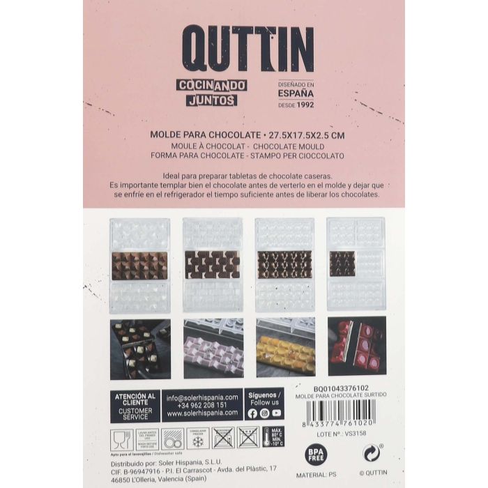 Quttin Molde Para Chocolate Surtido 17.5 cm Ancho x 2.5 cm Alto x 27.5 cm Largo (12 Unidades)