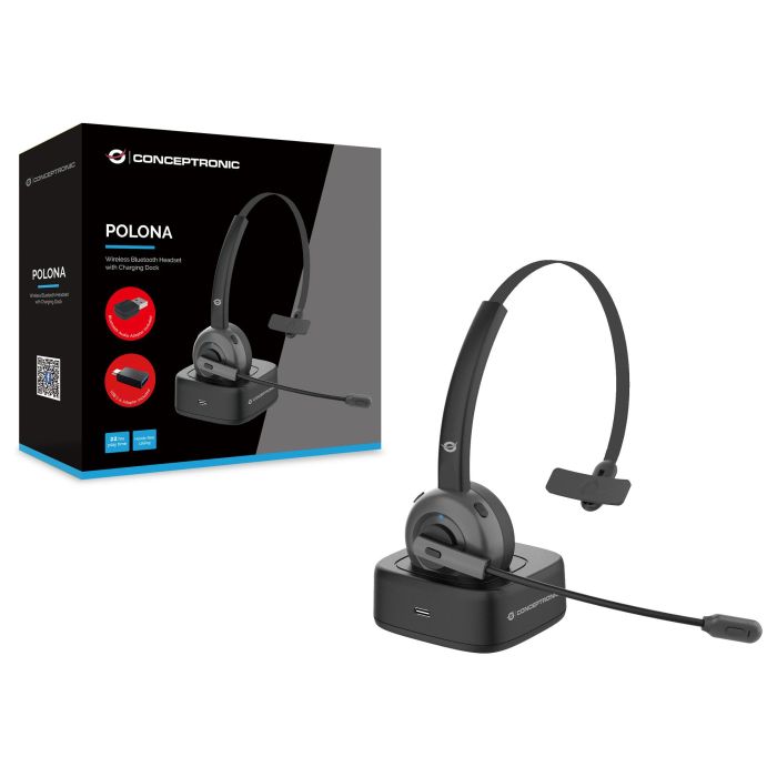Conceptronic POLONA03BDA Auricular diadema Bluetooth con base de carga, cancelación de ruido, micrófono 270°, 22h batería, carga directa Conceptronic POLONA03BDA Auricular diadema Bluetooth con base de carga, cancelación de ruido, micrófono 270°, 22h batería, carga directa
