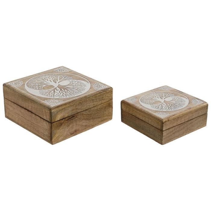 DKD Home Decor National 24a Joyero Indio de Madera de Mango, Blanco Natural 18x18x9 cm - Set de 2 con Diseño de Árbol