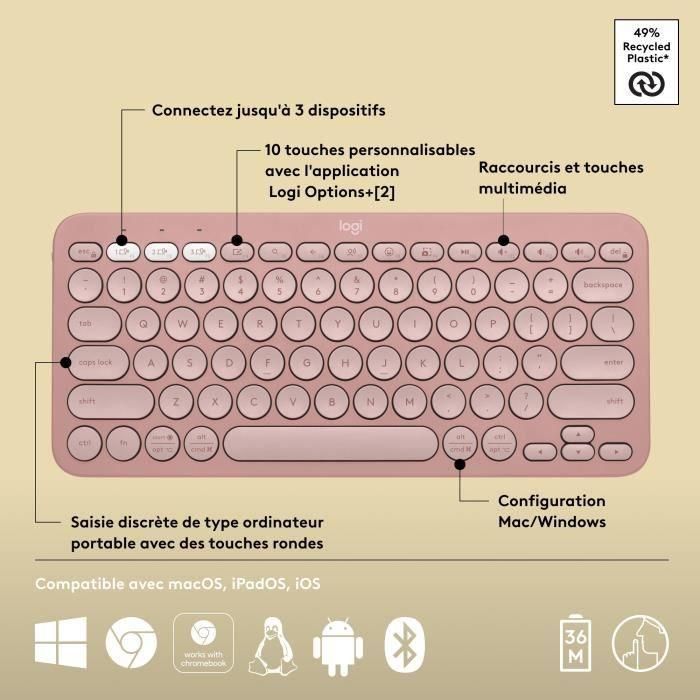 LOGITECH - Teclado inalámbrico - Pebble Keys 2 M380s - Bluetooth - Botón Easy-Switch - Rosa - (920-011805) 5 LOGITECH - Teclado inalámbrico - Pebble Keys 2 M380s - Bluetooth - Botón Easy-Switch - Rosa - (920-011805) 5