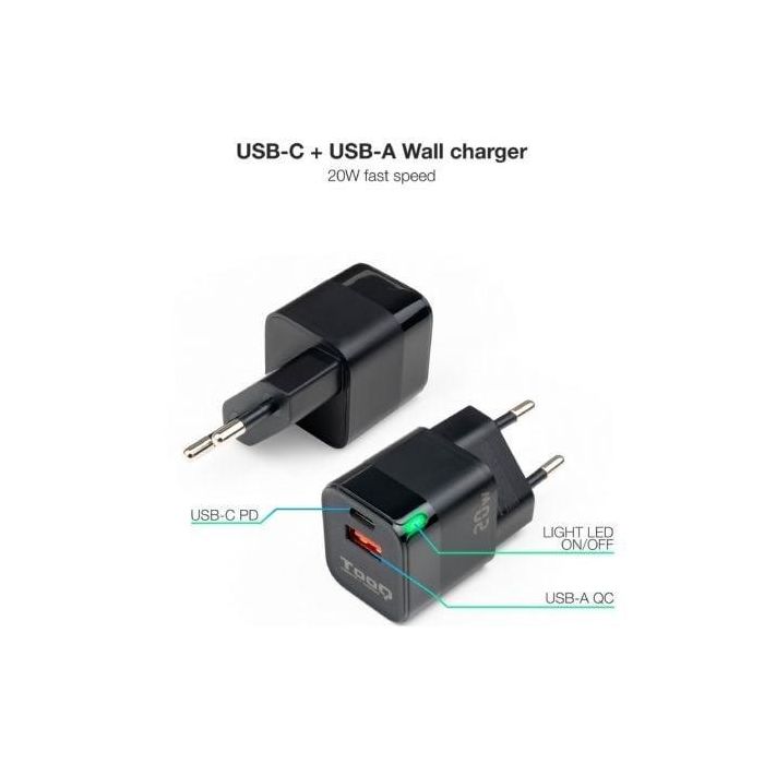 Cargador de Pared TooQ TQWC-QCPD20 Negro 20 W 1 Cargador de Pared TooQ TQWC-QCPD20 Negro 20 W 1