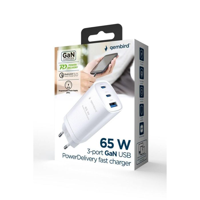 Gembird TA-UC-PDQC65-01-W Cargador de Pared Rápido 65W Universal para Móviles y Tablets, 2 USB-C y 1 USB-A, Blanco 1 Gembird TA-UC-PDQC65-01-W Cargador de Pared Rápido 65W Universal para Móviles y Tablets, 2 USB-C y 1 USB-A, Blanco 1
